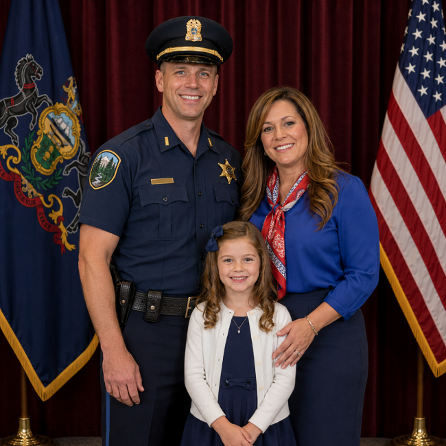 photo of newly promoted Illinois police lieutenant with wife and daughter