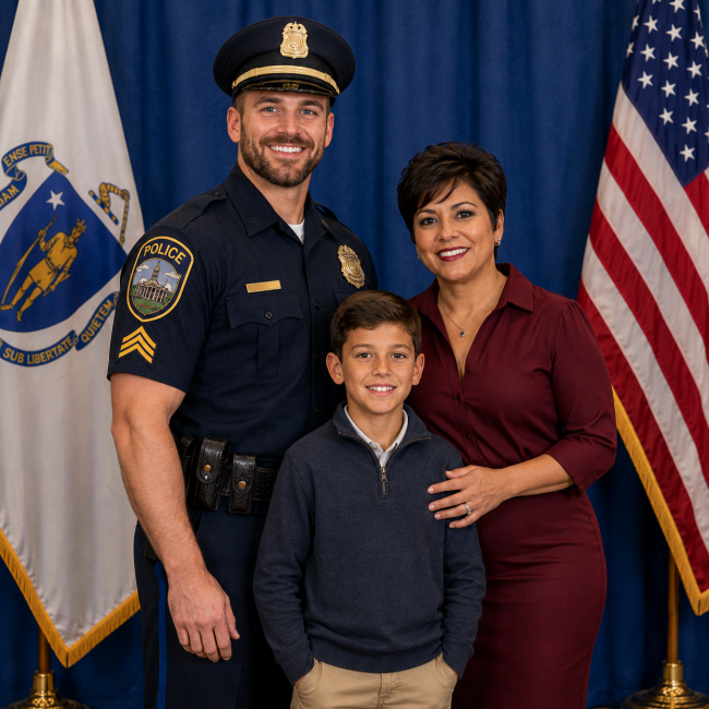 Photo of newly promoted police sergeant with his wife and son