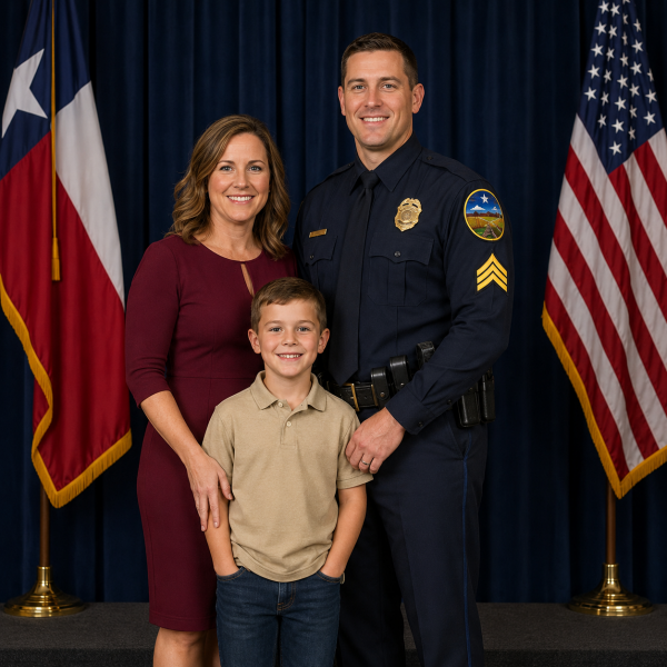 Photo of newly promoted Texas Police Sergeant with his family