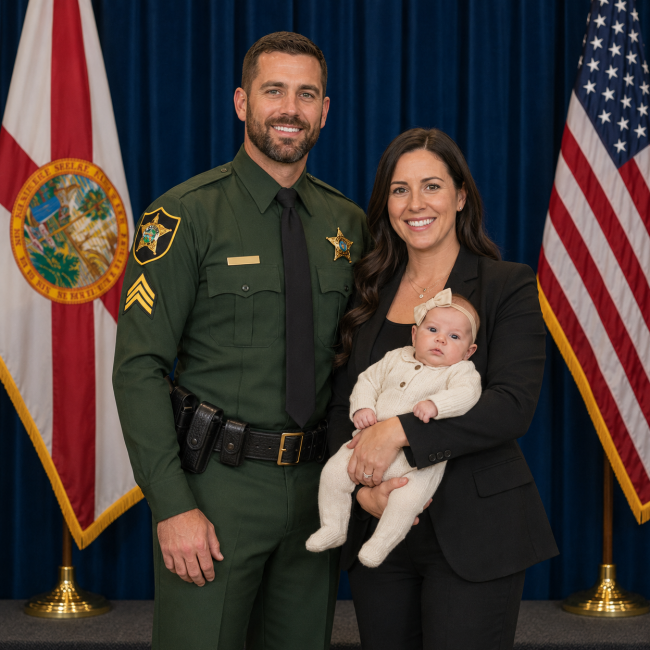 Photo of newly promoted Florida Police Sergeant with wife and child