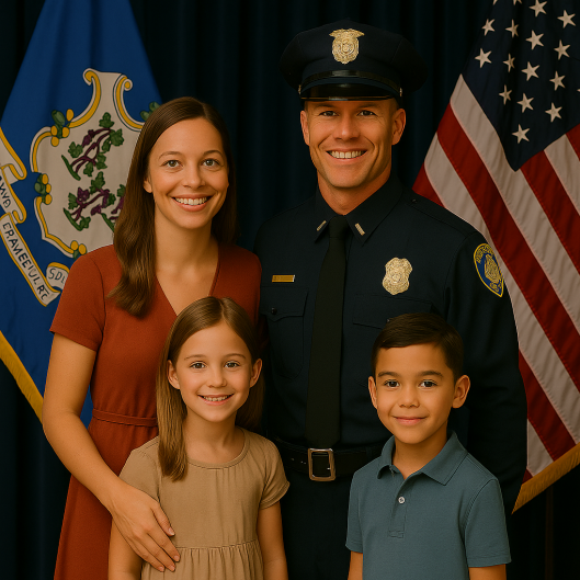 Photo of newly promoted Connecticut police lieutenant with his family