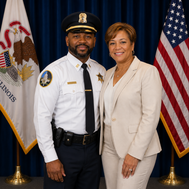 Photo of newly promoted Illinois police captain with his wife by his side